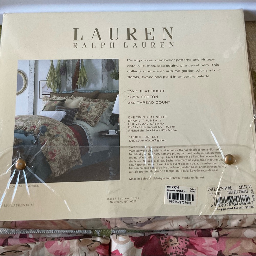 Ralph Lauren VintageCoastal Garden Floral Multi Twin Flat Sheet- New